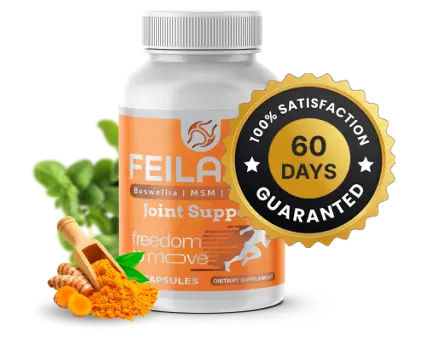 Feilaira 60-day money back guarantee badge with bottle, turmeric and herbs