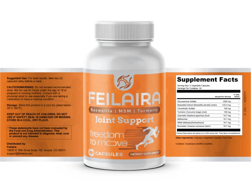 Feilaira supplement facts label showing all ingredients, doses, and usage instructions